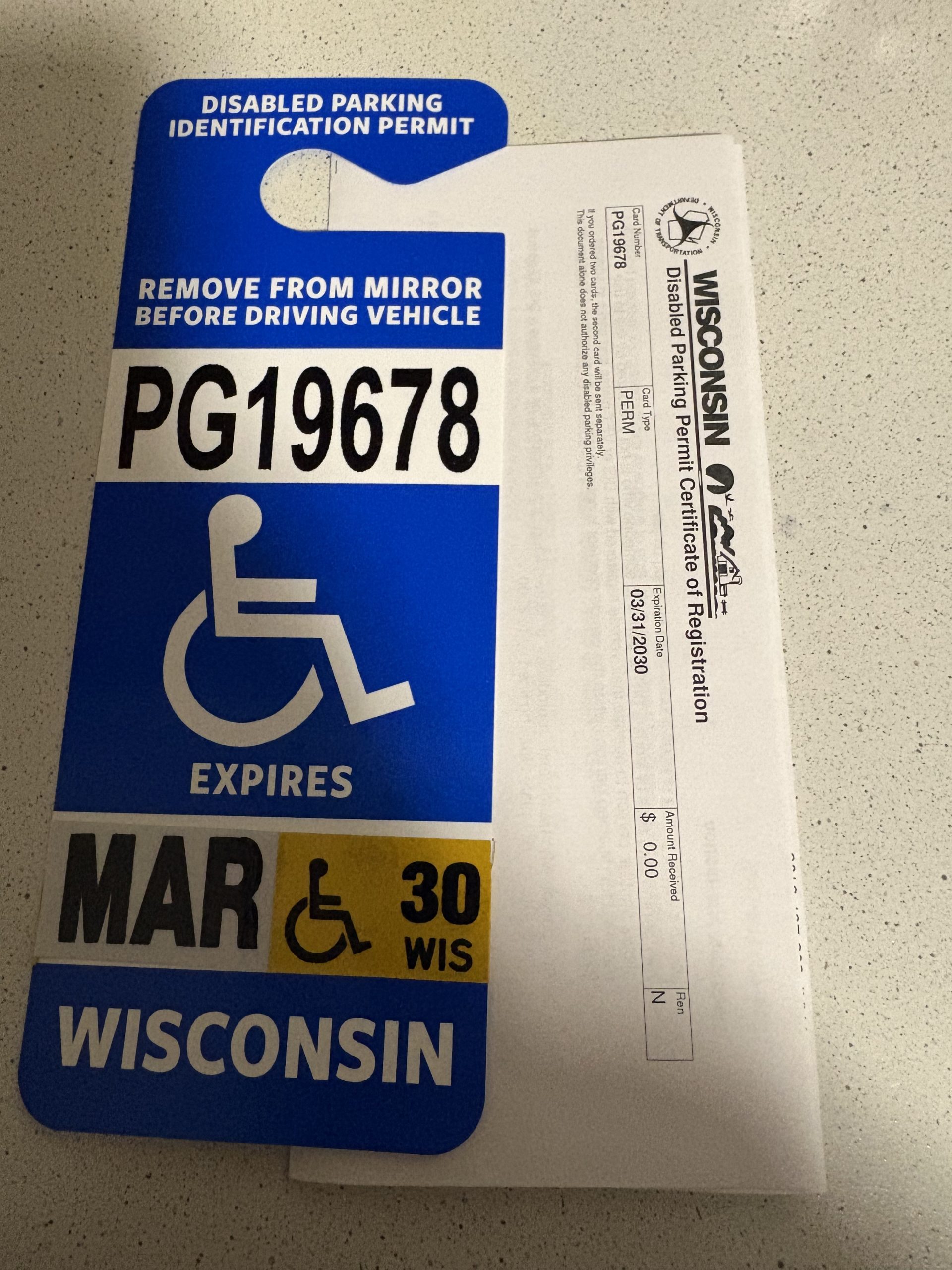 Ashley – Wisconsin with their disability parking placard