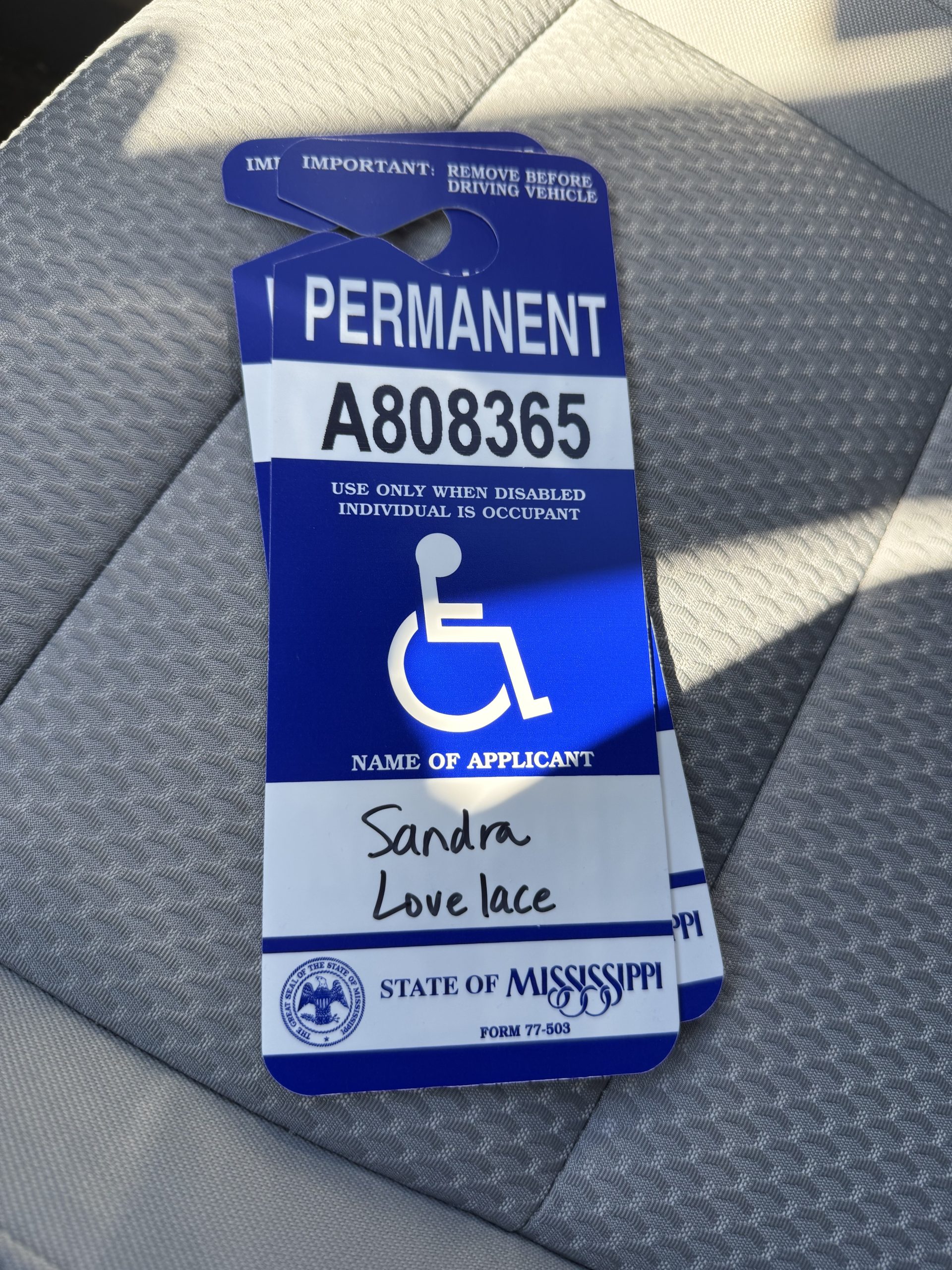 Sandra – Mississippi with their disability parking placard